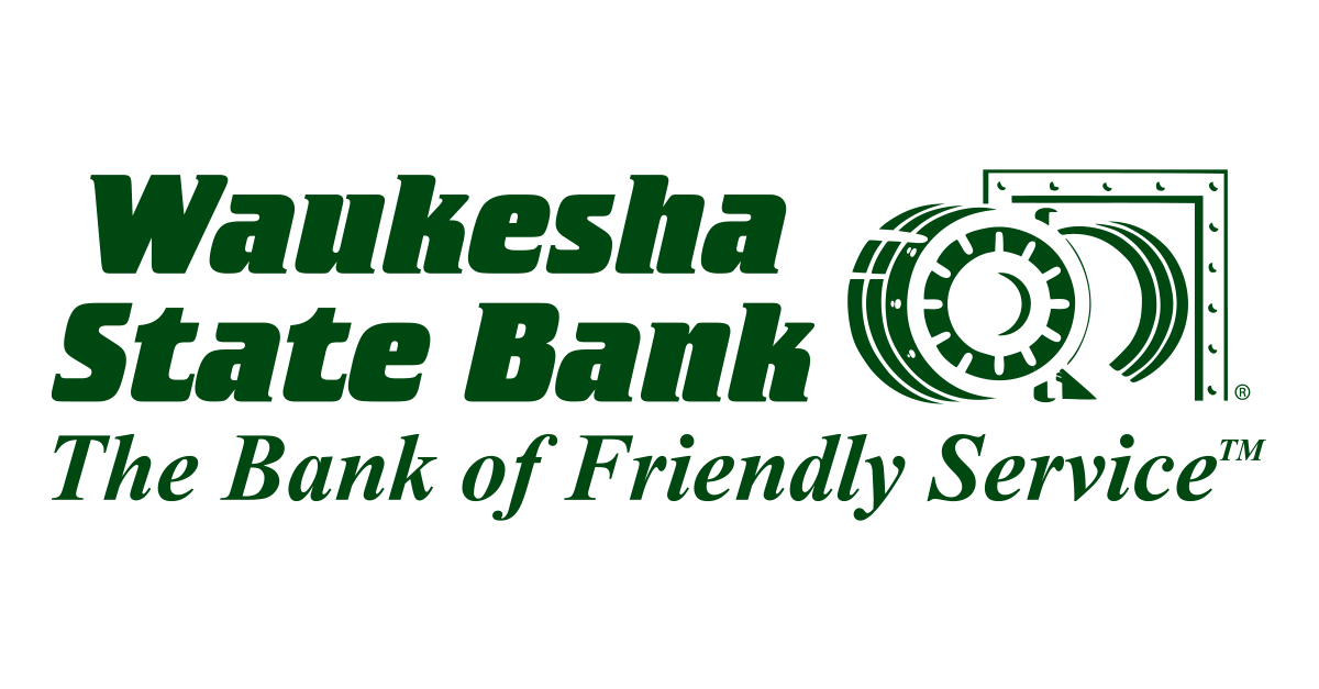 The Waukesha State Bank logo appears in dark green text, reading “Waukesha State Bank” above the tagline “The Bank of Friendly Service.” To the right is a circular vault‑door graphic with gear‑like details.